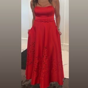 Badgley Mischka inspired Strapless Red Dress with Floral Cutouts